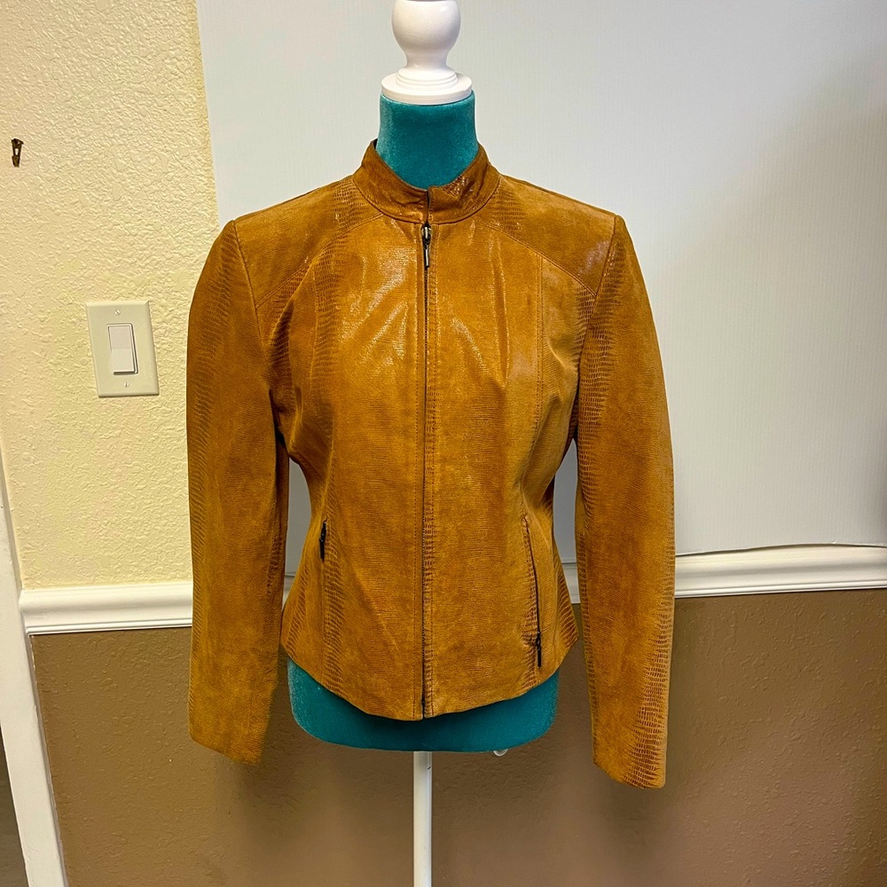 Valerie Stevens‎ Genuine Leather Moto Jacket – Cognac Brown Snake Print – Size S